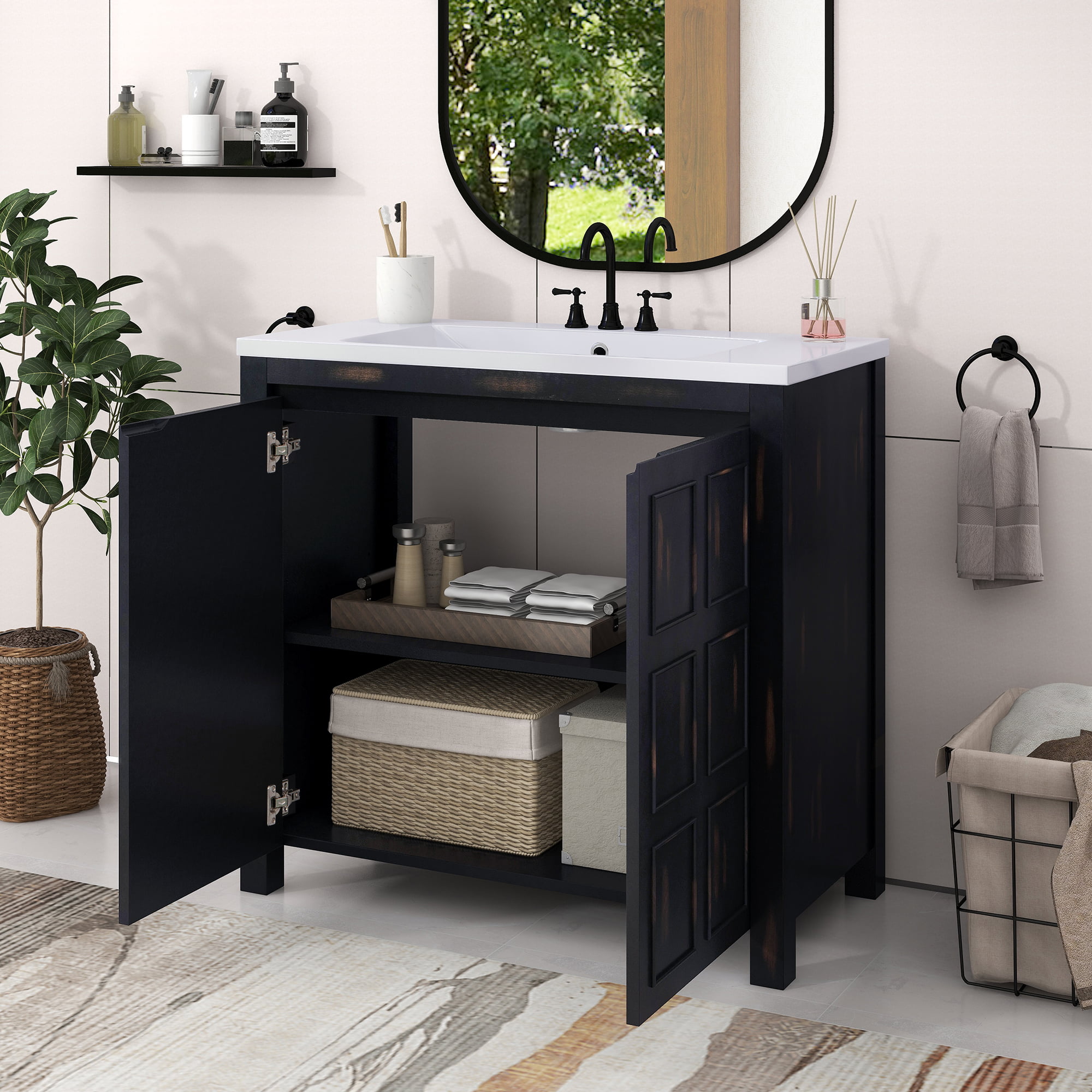 Magic Home 30 in. Black Bathroom Vanity Set Combo Storage Cabinet with Solid Wood Frame and White Sink