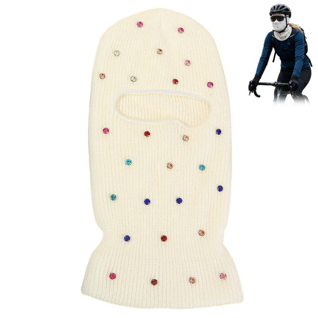 Womens Rhinestone Balaclava Hat - 2-in-1 Winter Knit Scarf & Full Face Mask Beanie for Cycling, Skiing