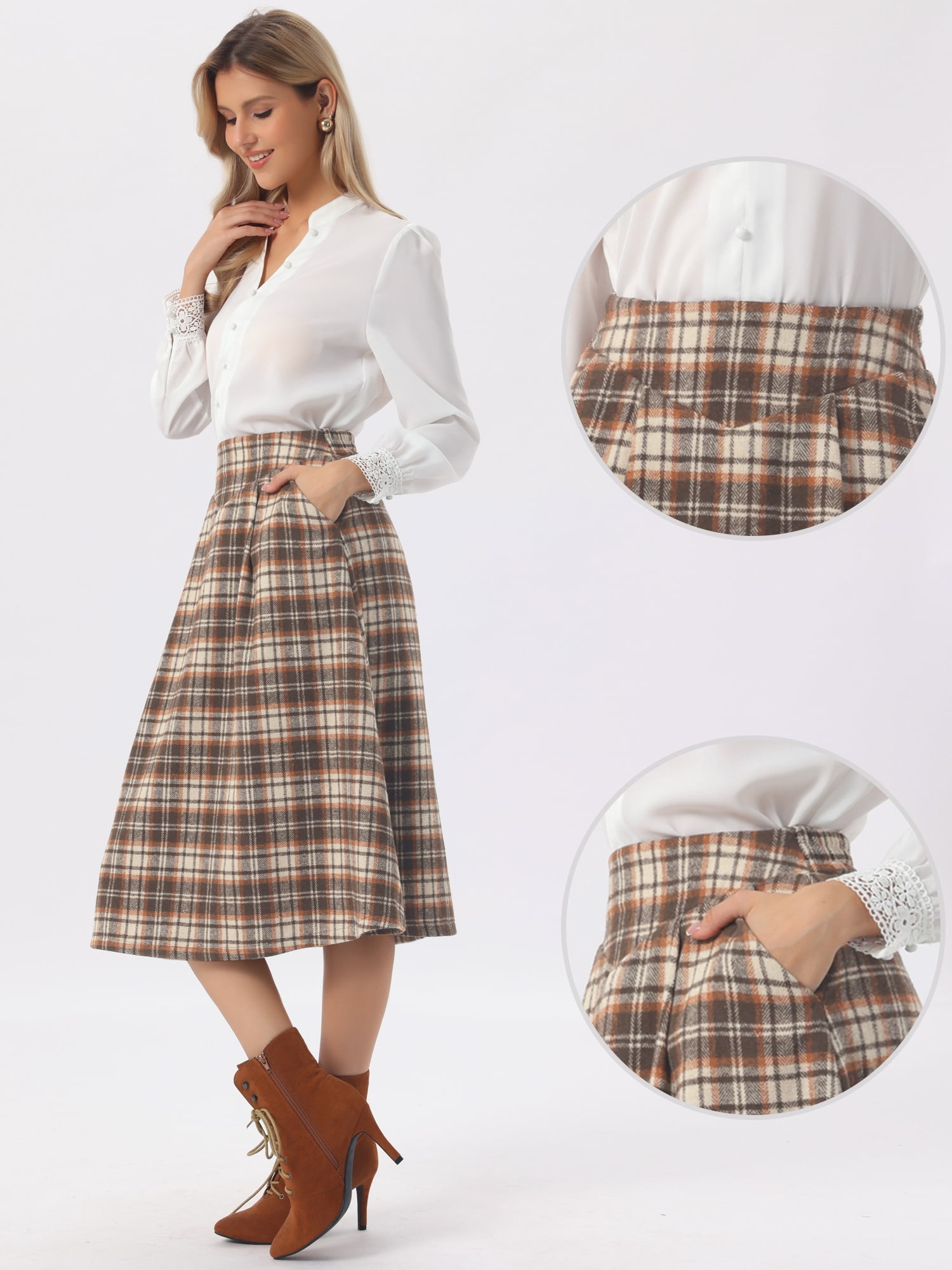 DARING DIVA Women's Midi A-Line Pleated Skirts with Pockets X-Large Brown