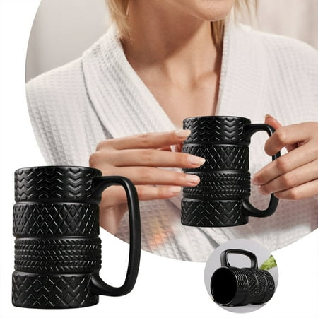 

Nallwabiu 3D Black Tyre Tire Shaped Frosted Ceramic Mug Large Coffee Tea Cup Unique Gifts Car Fans 16.9 Oz(480ml)