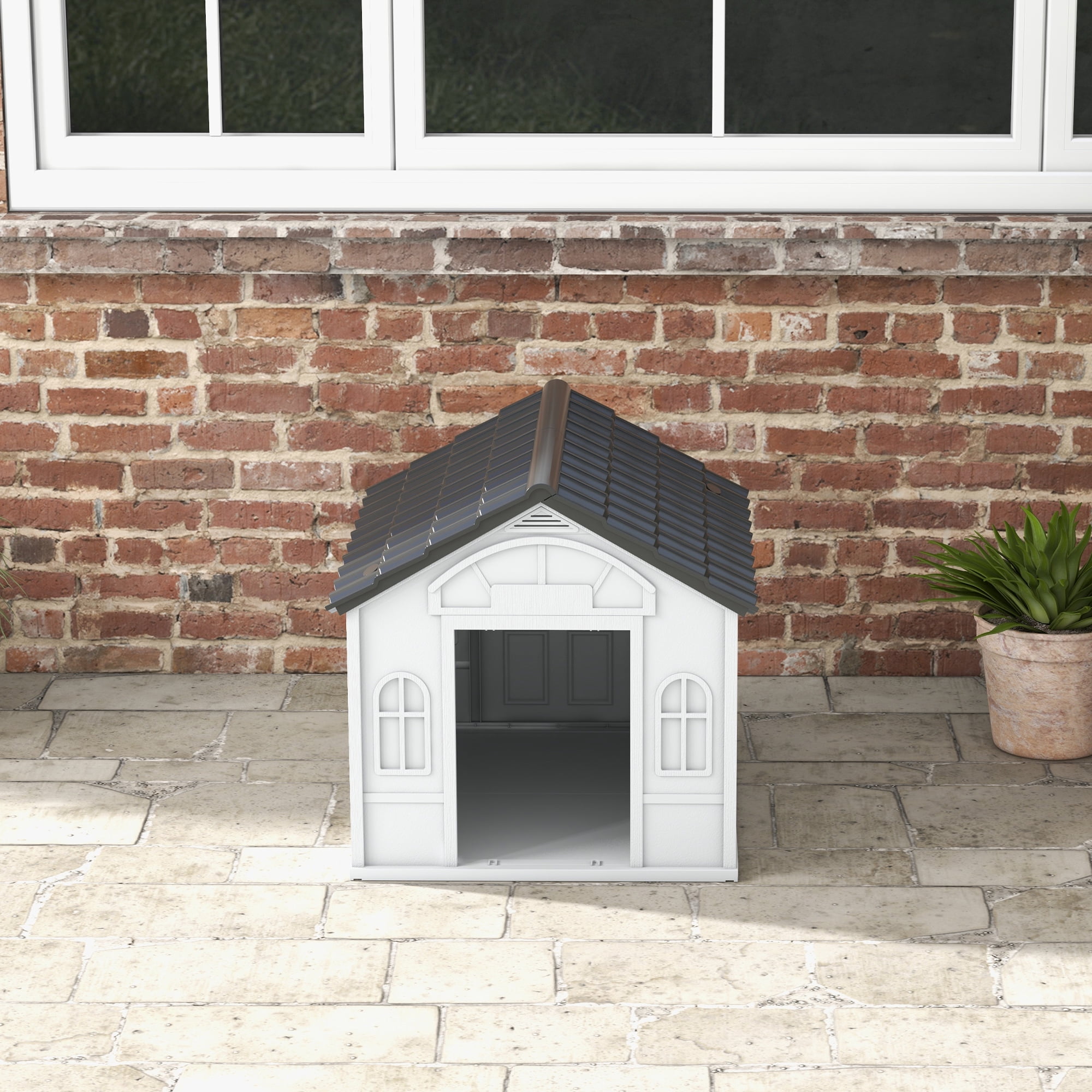 PawHut Plastic Dog House W/ Door, Easy to Assemble, for M and S Dogs, Gray