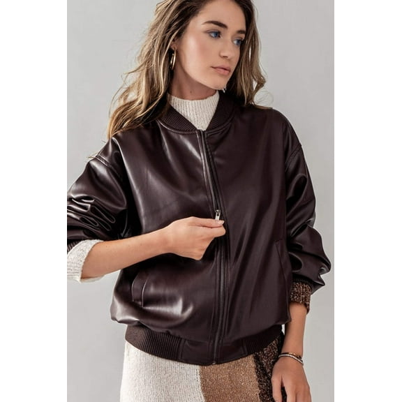 Double Zero Loose Fit Zip Up Leather Bomber Jacket