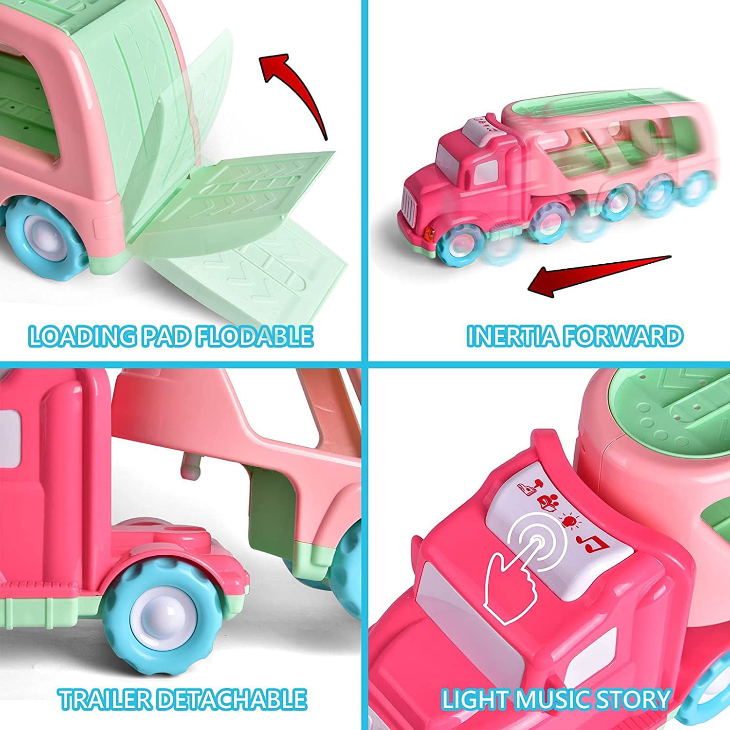 Cartoon Vehicles Toddler Girl Toys Friction Powered Pink Toy Car Carrier Transport Truck with Light & Sound 5 in 1 Toy Cars /Airplane /Helicopter Birthday Gift Toys for 1 2 Year Old Girl 
