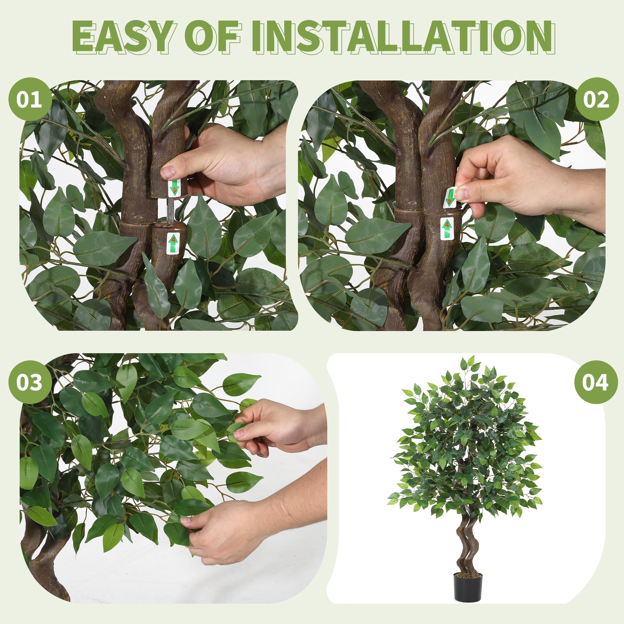 4ft Artificial Ficus Tree, Faux Banyan Tree Floor Plant with Realistic PVC Trunk and Full Dense Foliage, Indoor Home Office Living Room Decor