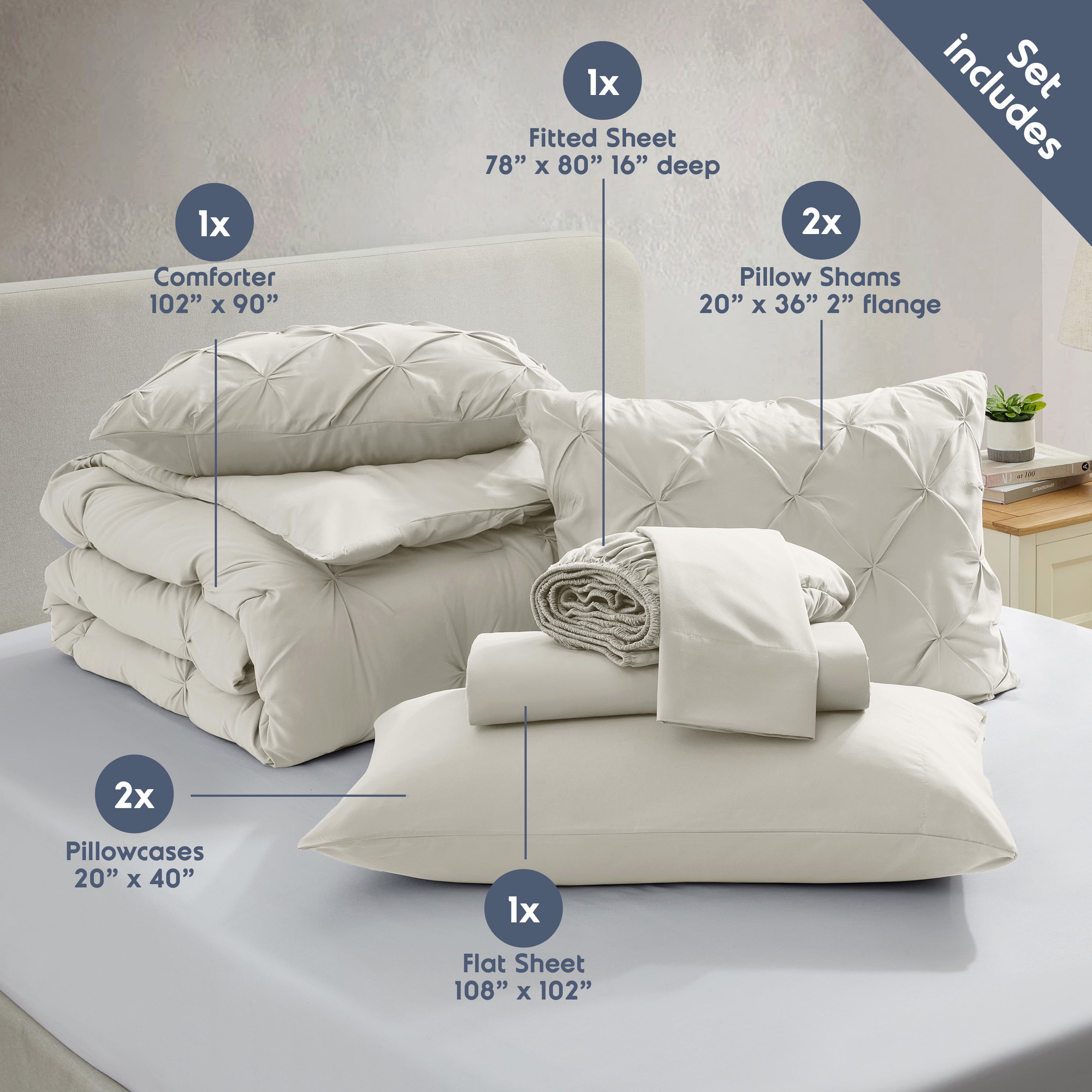LammaLoe King Size comforter Sets, 7 Piece Bed In A Bag Pintuck Bedding Sets,Off White
