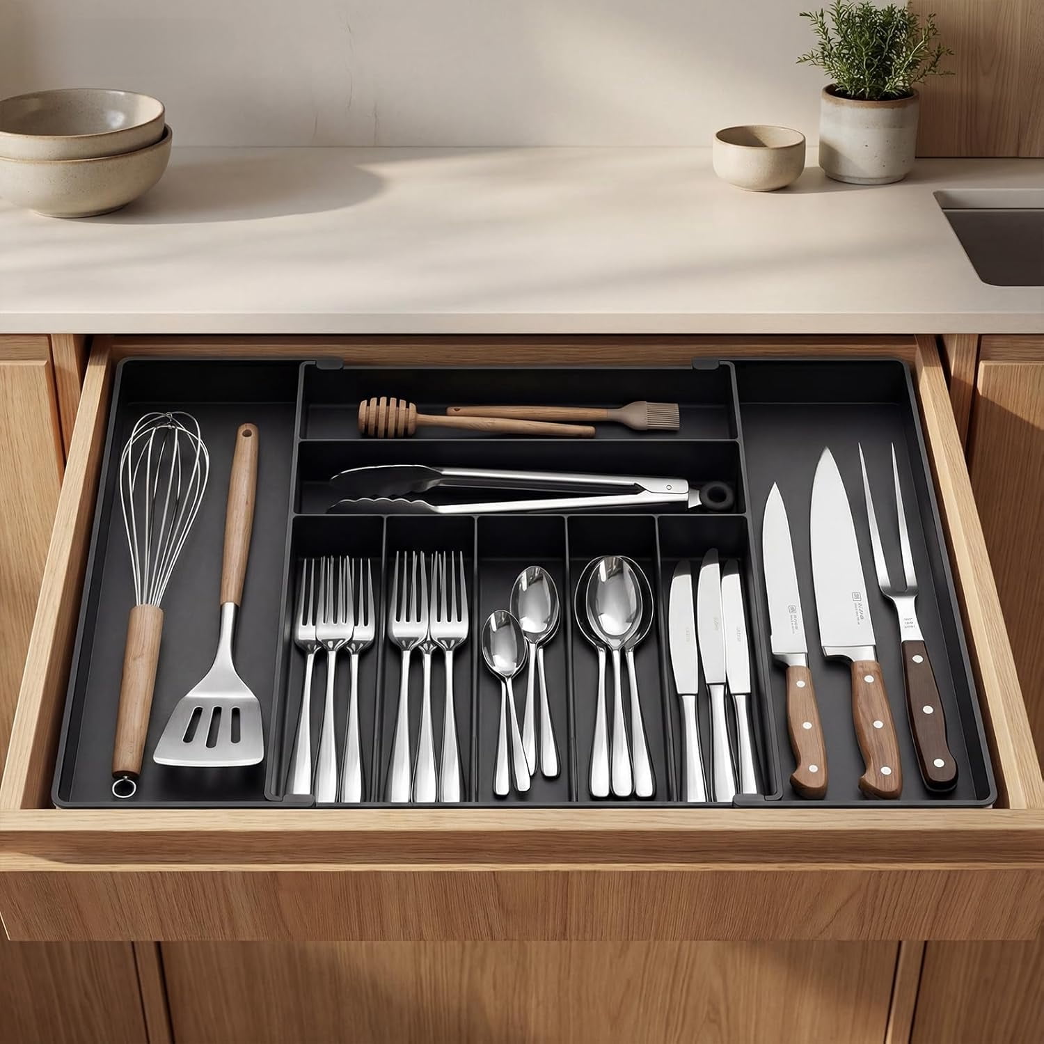 Extra Large Silverware Organizer, Slot Expandable Kitchen Drawer Organizer, Utensil Holder, Heavy Duty Stainless Steel Frame Silverware Drawer Organizer