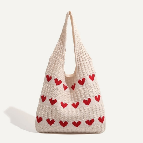 RINAPI Women Crochet Tote Handbag Christmas Gift Heart Pattern Hollow Out Knit Bag