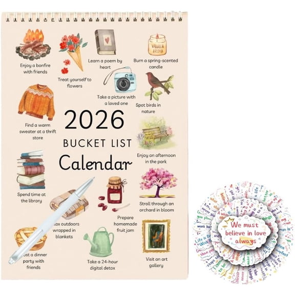 2026 Bucket List Calendar – Interactive Wall Calendar with Guided Planner and Stickers, Funny Monthly Home Office Gifts for a Meaningful Year