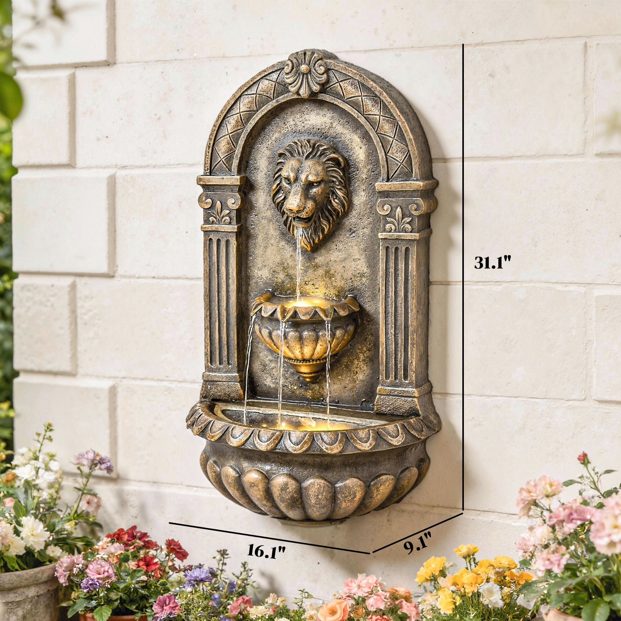 Dranite 31" Wall-Mounted Outdoor Fountain, 3-Tier Cascading Waterfall with LED Lights & Adjustable Flow