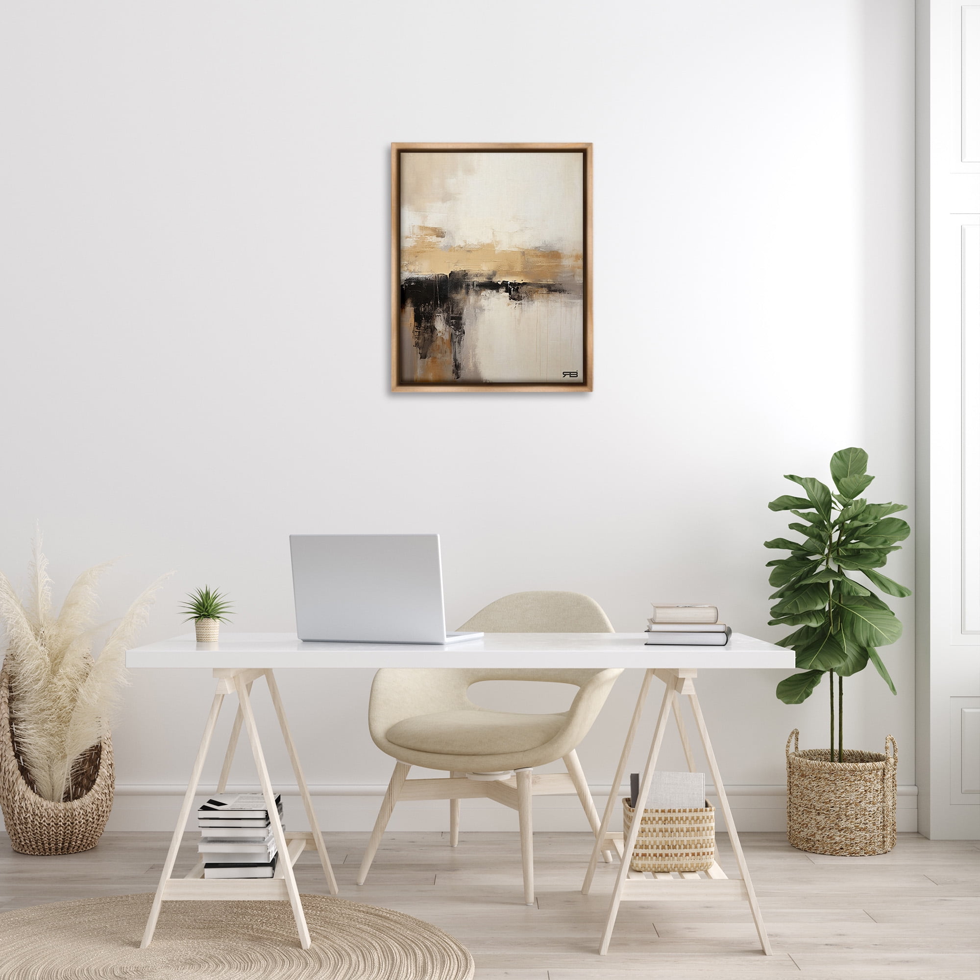 Stupell Industries Neutral Contemporary Horizon Abstract Painting Brown Floater Framed Canvas Art Print Wall Art, 25 x 31