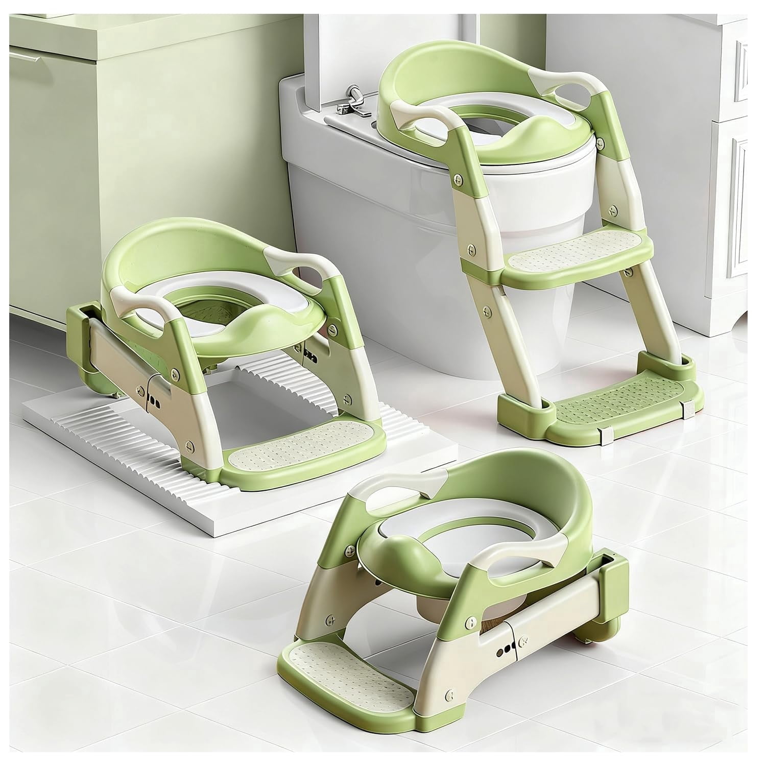 Soluxeo 3-In-1 Potty Training Seat, Adjustable and Foldable Step Stool with Safety Harnes, Upgrade Toddler Toilet Seat for Kids Boys Girls, Green