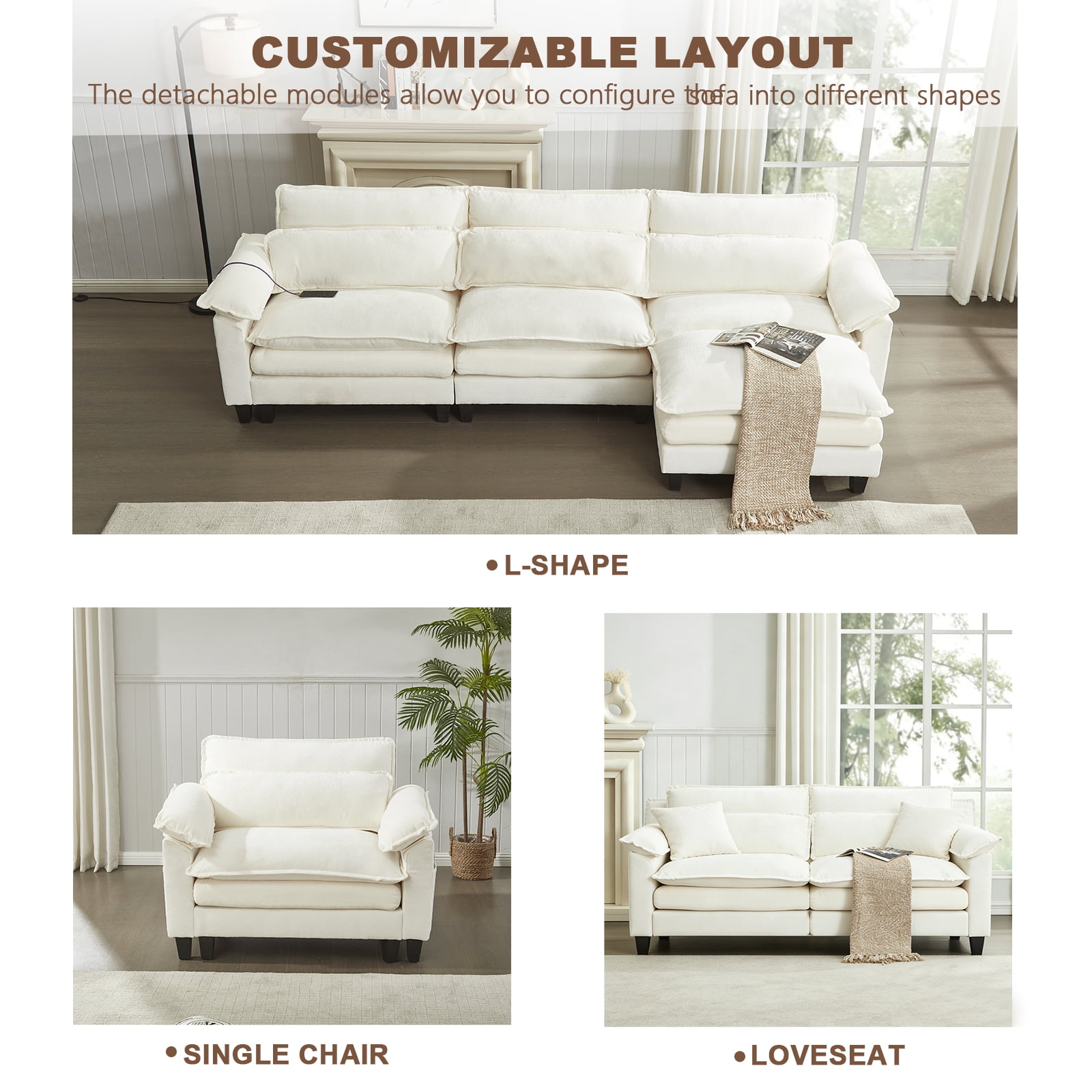 Aisword 113" Modular Sectional Sofa,L Shaped Modern Cloud Couch with Ottoman,3-Seat Chenille Deep Seat Sofa,USB Port,Beige
