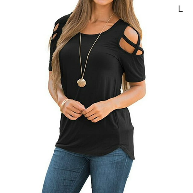 Langgg T-shirt pour Femmes à Épaules Dénudées, Col Rond, Blouse, Haut Uni, Noir, G