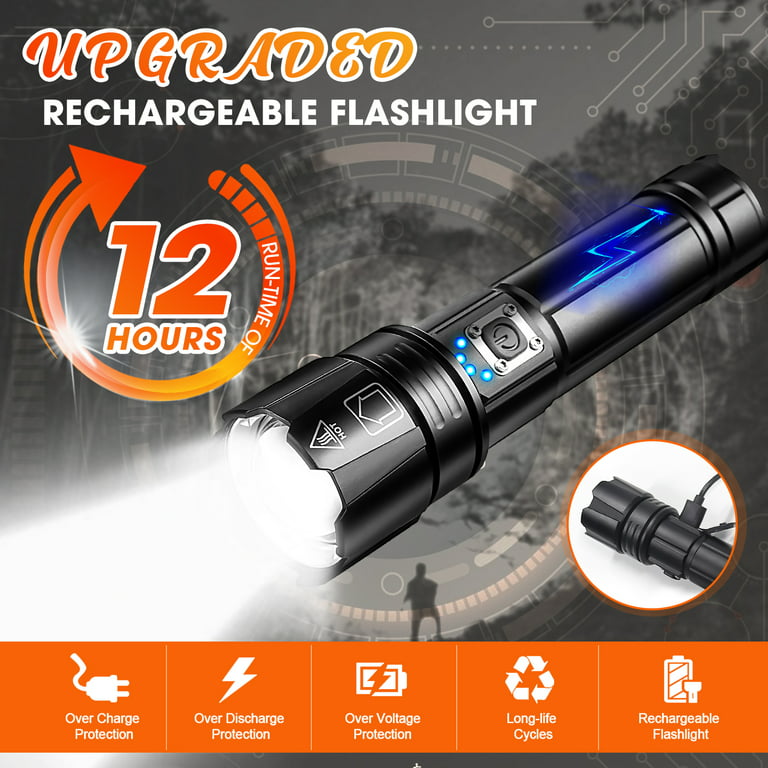 Rechargeable LED Flashlights High Lumens, Super Bright 10000 Lumens,  Powerful Tactical Flashlights with 5 Lighting Modes, 26650 Batteries,  Zoomable, Waterproof IPX5 for Camping, Emergencies