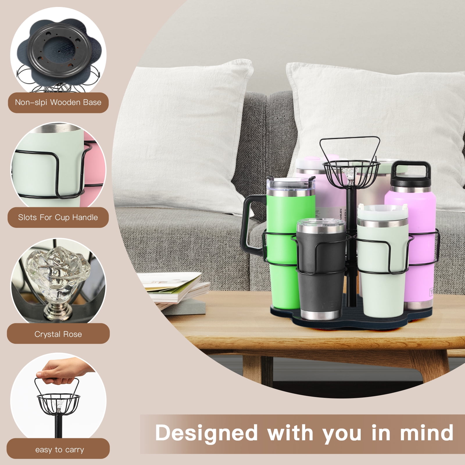 Water Bottle Organizer for Stanley&Yeti, Rotating Stanley Cup Organizer Holder with 6 Slots for 20-40oz, Tumbler Holder Organizer, Stanley Cup Accessories (Black)