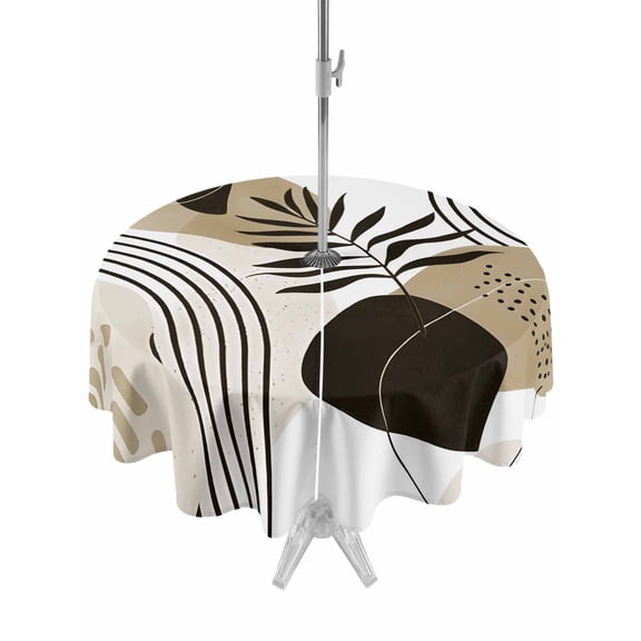 Outdoor Tablecloth with Umbrella Hole for Patio/Picnic/Party/Camping, Brown Boho Geometric Waterproof Table Cloth Round Cover Washable, Country Retro Abstract Lines Leaves (Dia 54")