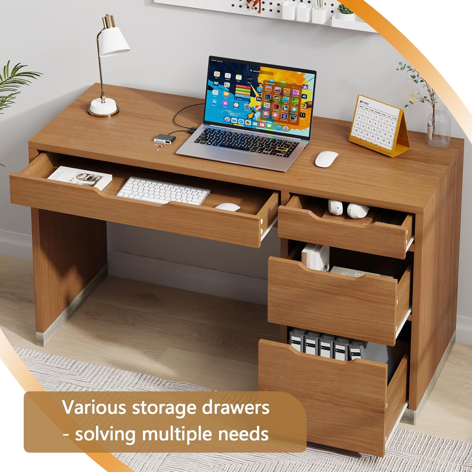 DreamCurship 52 Inch Computer Desk with 4 Storage Drawers,Home Office Desk with Storage for Small Space，Writing Desk with File Cabinet, Brown
