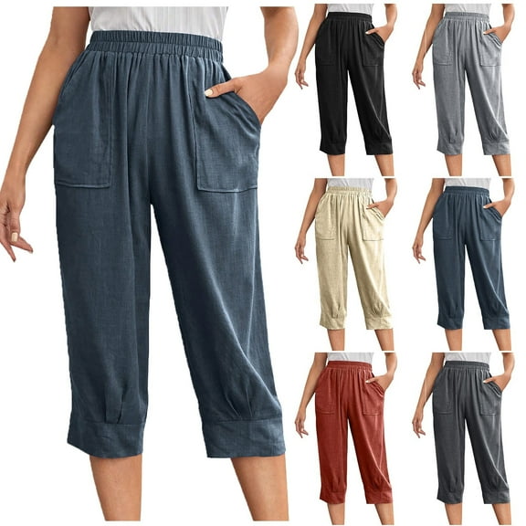 Cotton Linen Capris for Women Trendy Holiday Stylish Olyvenn Comfy Leisure Homewear Fashion Womens Casual Color Elastic Loose Pants Straight Wide Leg Trousers With Pocket Khaki 8