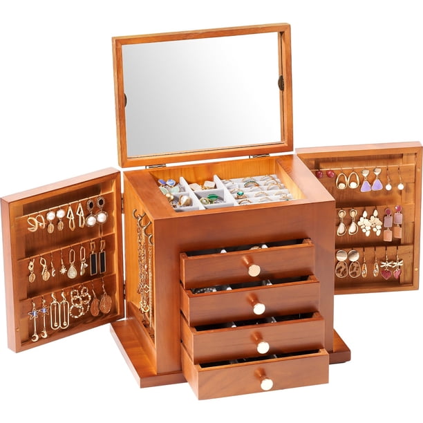 Joyero ProCase grande de madera de 5 capas con espejo para mujer