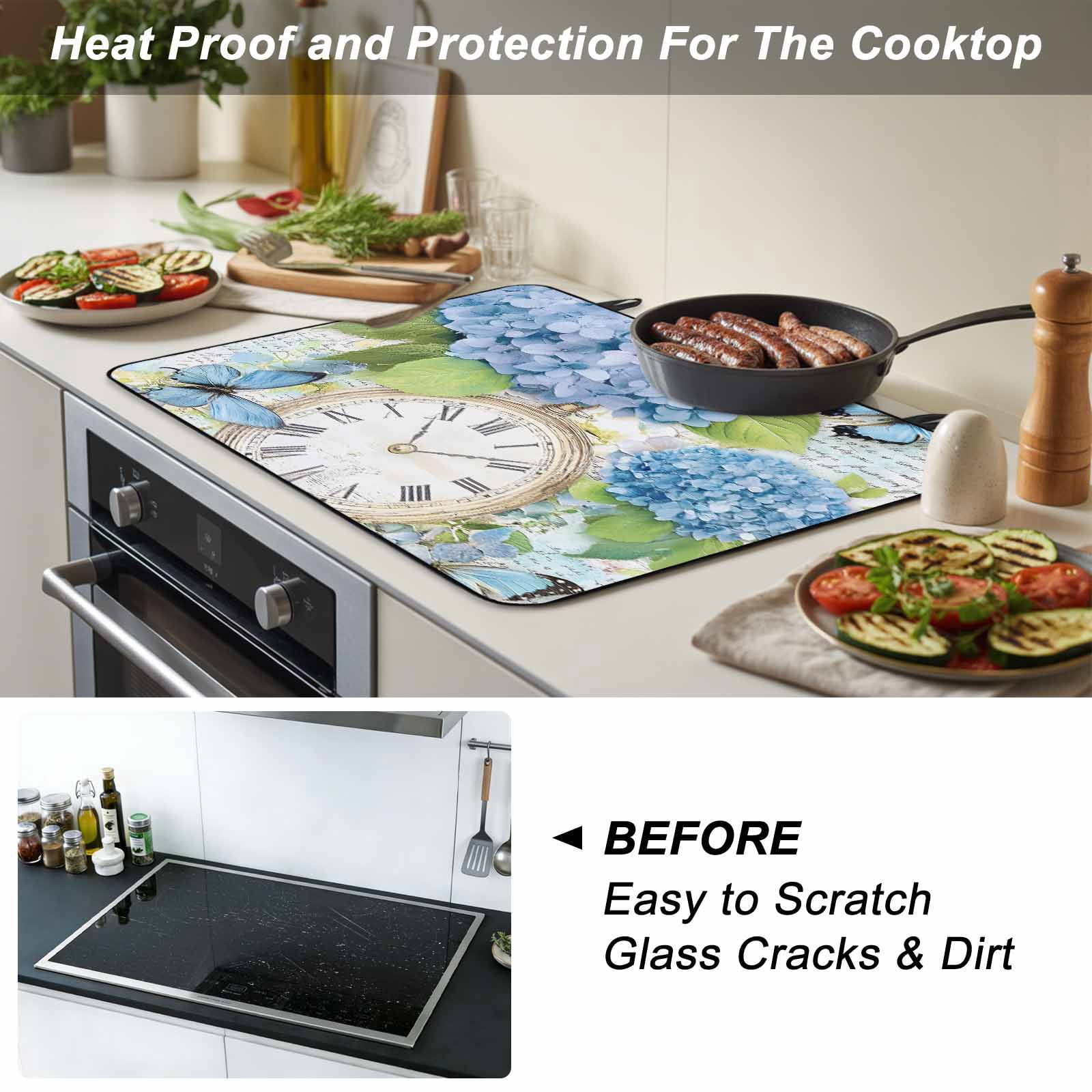 Blue Hydrangea Retro Stove Top Cover for Electric Stove, Heat-proof & Non Slip Glass Top Stove Cover Protector, Spring Summer Clock Butterfly Kitchen Flat Cooktop Rubber Mat 24x21 Inches
