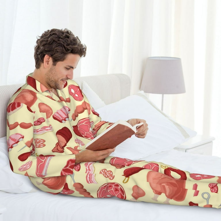 Mens Pajamas Set Chicken Wings Turkey Salami Print Soft Notched