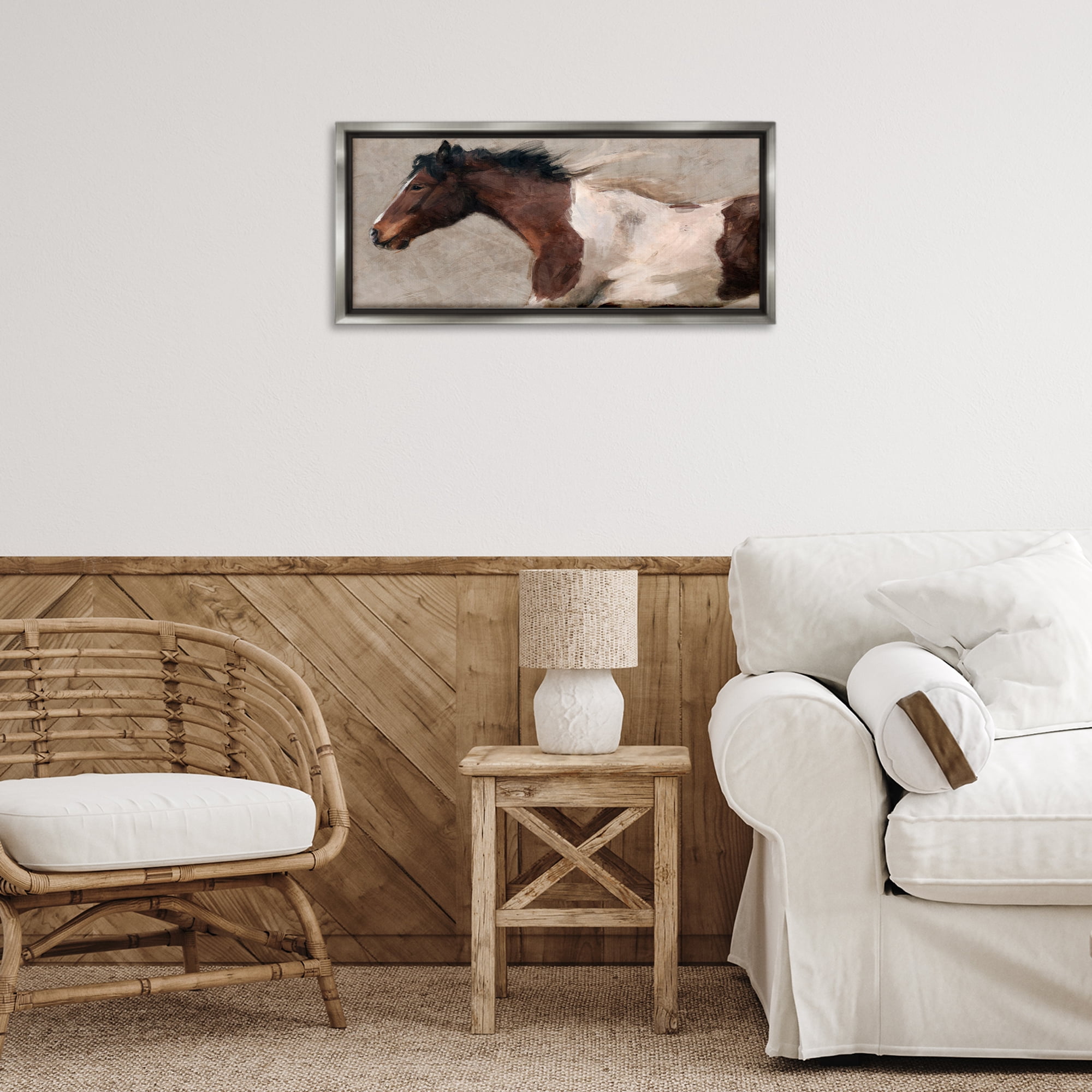 Stupell Industries Brown & White Horse Animals & Insects Painting Gray Floater Framed Canvas Art Print Wall Art, 25 x 11