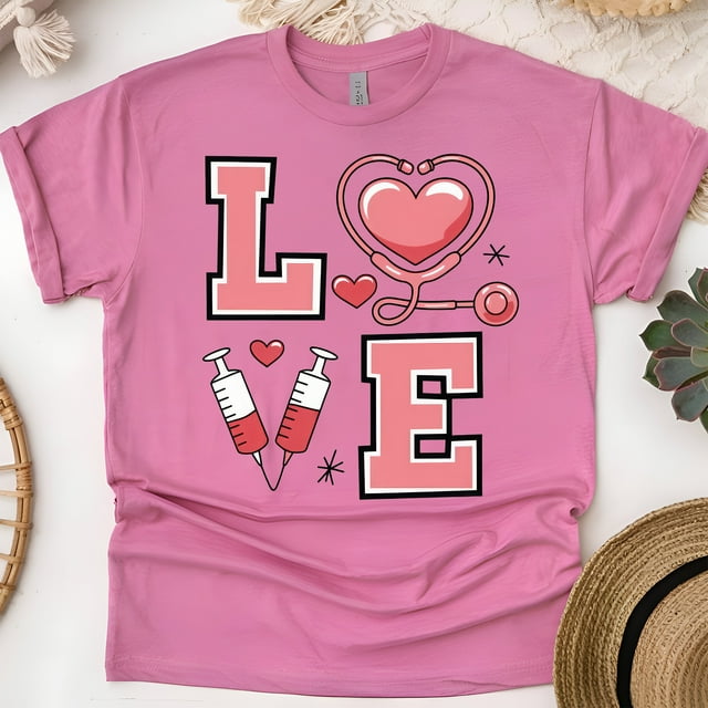 T-Shirt d'Infirmière avec Graphique Stéthoscope et Seringue, Héliconia, Taille P
