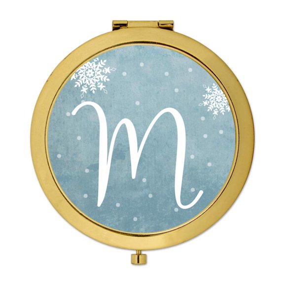 Koyal Wholesale Gold Compact Mirror Bridesmaid's Wedding Gift, Blue Winter Snowflakes, Monogram Letter M, 1-Pack