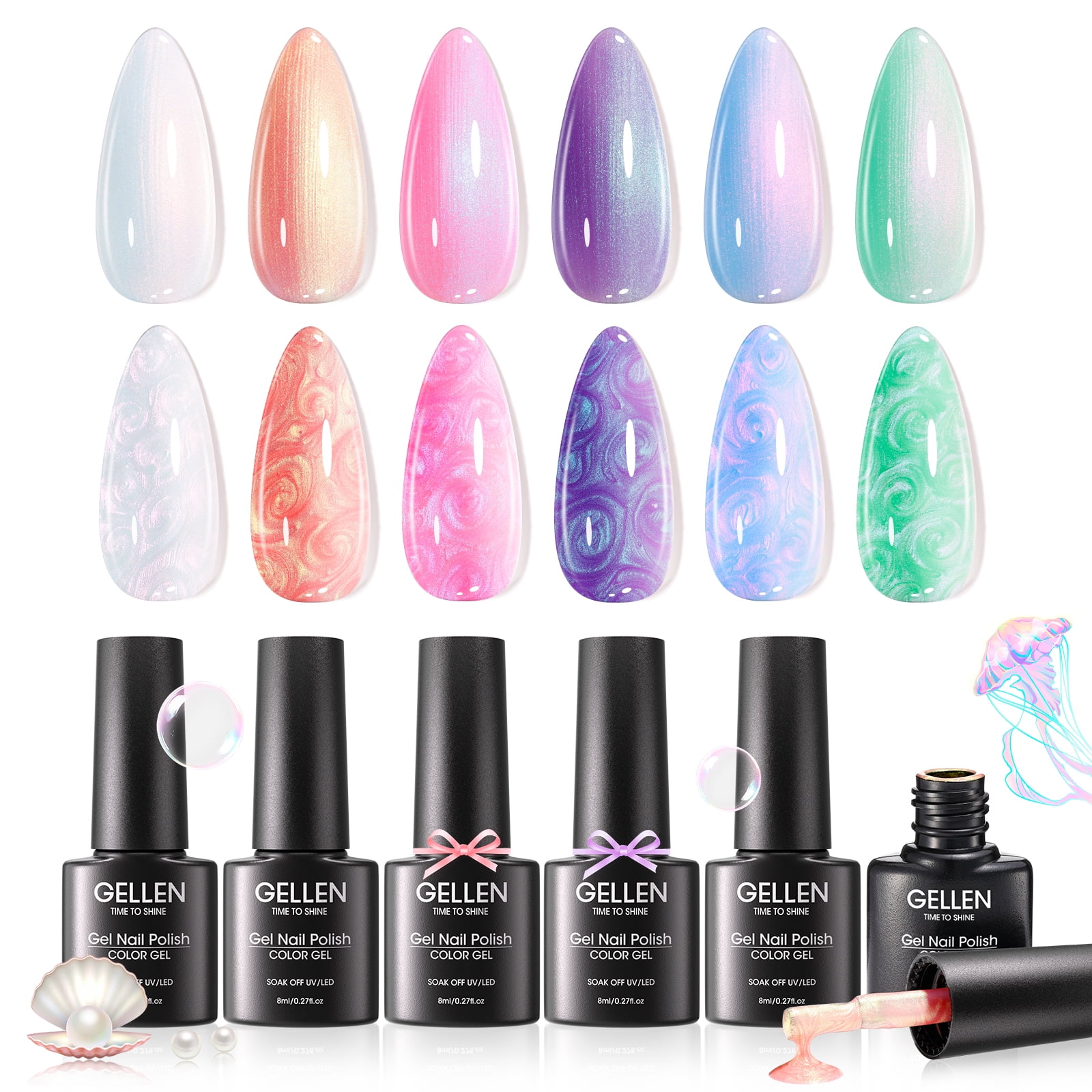 Gellen Pearl Gel Nail Polish, 6 Colors Glitter White Pink Purple Blue Yellow Green Pearl Shimmer Mermaid Gel Polish Set Pearlescent Shell Nail Gel Kit Swirl Thread Effect Nail Drawing Gel