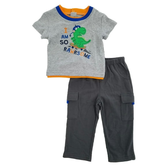 Infant Boys 2-Piece Gray Rawrsome Skateboarding T-Rex T-Shirt & Pants Set 18m