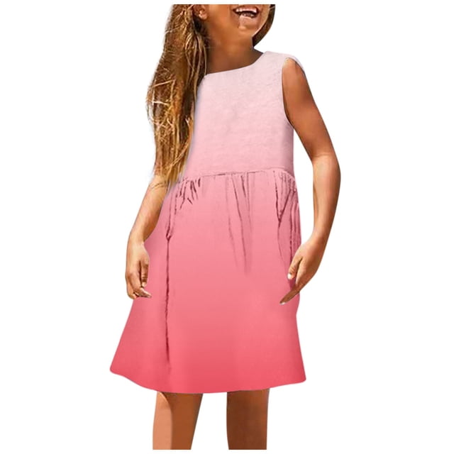 Robe d'Été Sans Manches pour Filles, Confort Extensible, Col Rond, Décontractée avec Imprimé Dégradé pour Enfants, Plage et Activités Extérieures