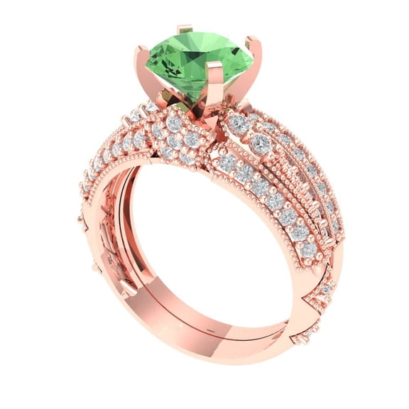 Clara Pucci 18K Rose Gold 2.095 Simulated Green Diamond Engraveable Engagement Ring   Wedding Band Set