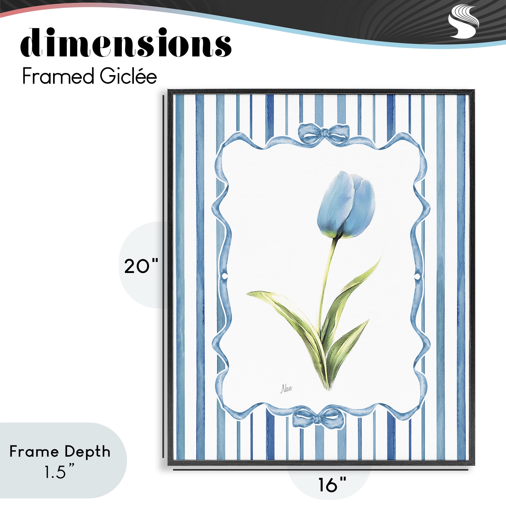 Stupell Industries Blue Tulip & Ribbon Border Black Framed Giclee Art, design by Nan