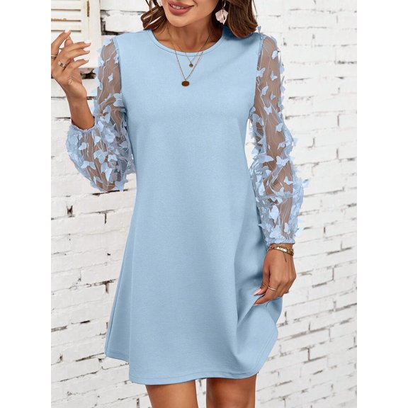 Blue Womens Solid A-Line Dress With Sheer Butterfly Sleeve Detail