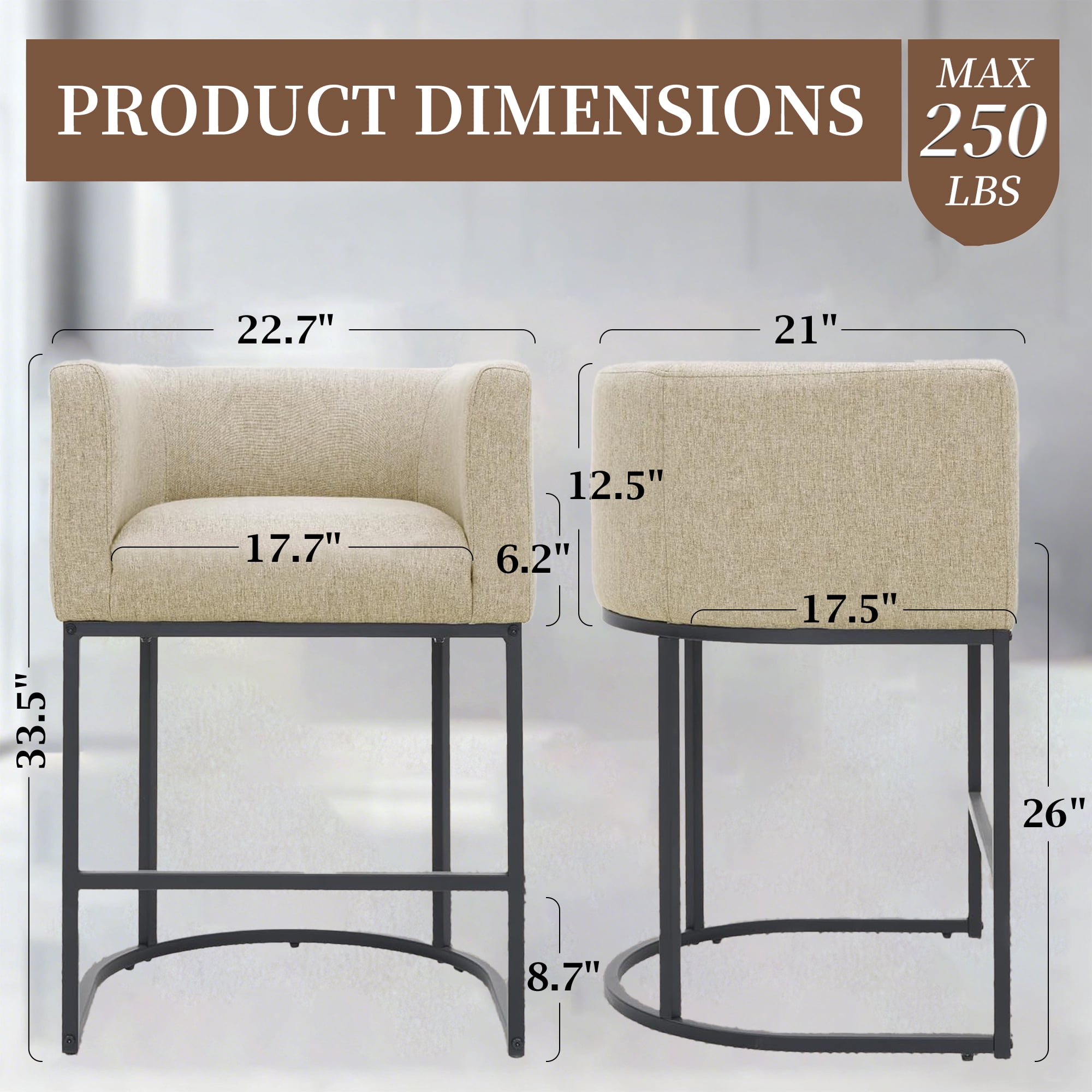 ClinQ Counter Height Bar Stool Set of 1, 26 in Fabric Upholstered Seat, Metal Legs for Indoor Dining Room and Kitchen Island, Camel