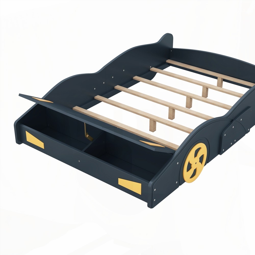 Full Size Race Car Bed with Storage & Wheels - Dark Blue+Yellow