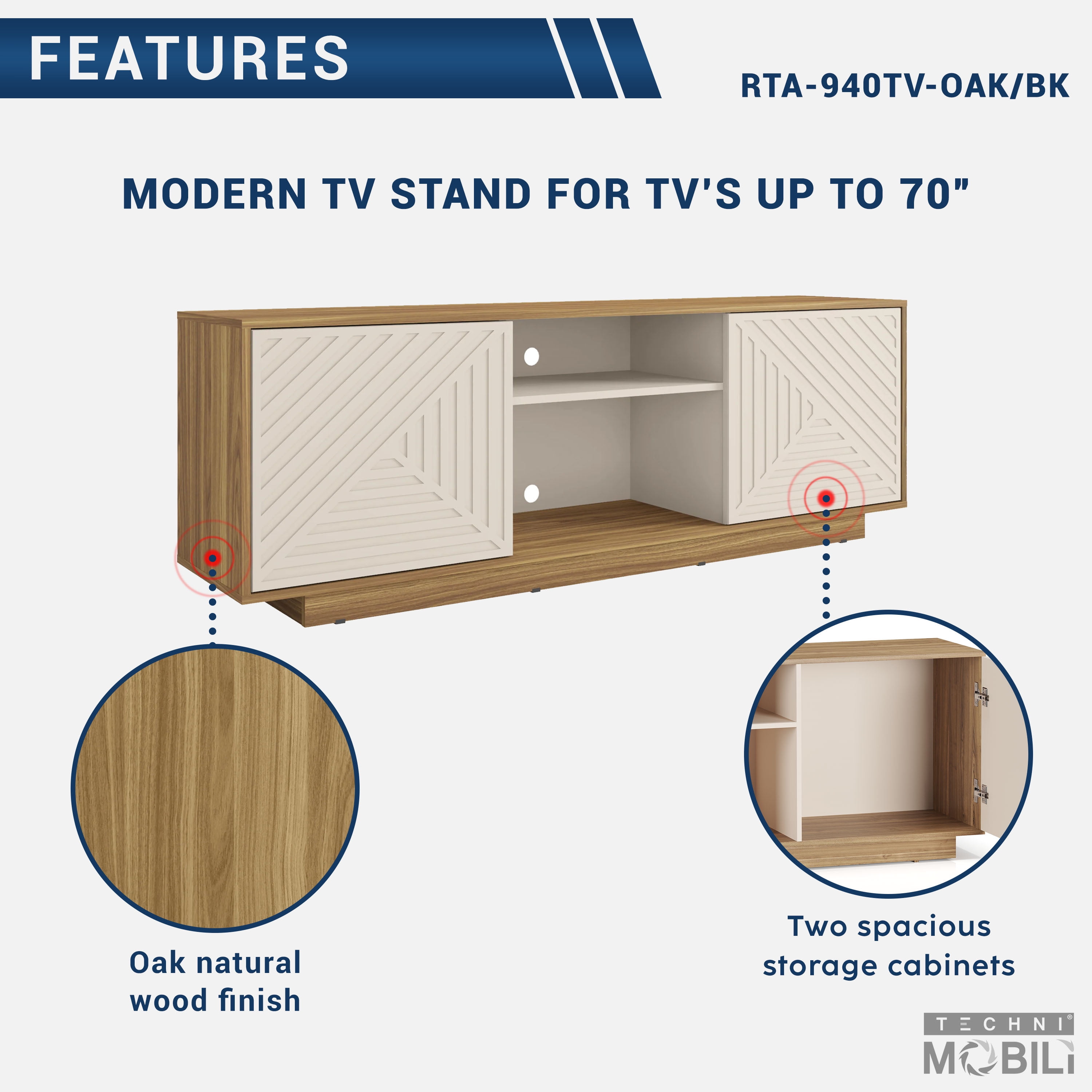 Techni Mobili Modern TV Stand for TV’s up to 70” with 2 Storage Cabinets with Patterned Doors, Oak RTA-940TV-OAK