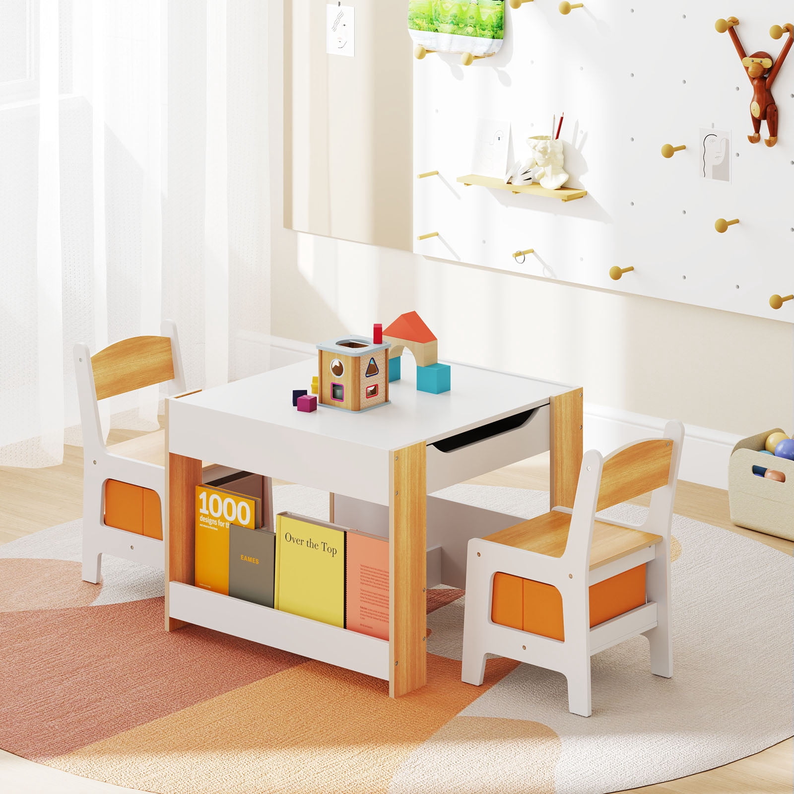 Costway 4-in-1 Kids Table & Chair Set Toddler Wooden Activity Table with Side Bookshelves Beige