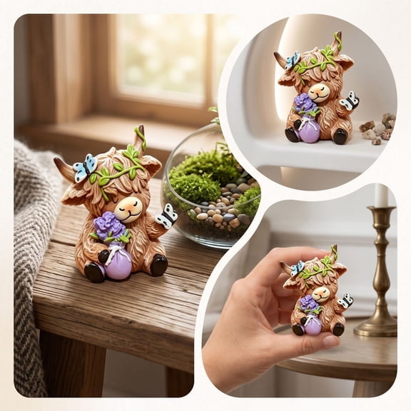 Highland Cow Figurine Cute Resin Animal Statue Decor Farmhouse Desktop Ornament for Home Office Shelf Spring Fall Seasonal Gift, 3.54 In