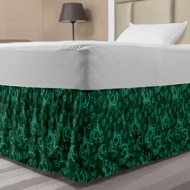 Floral Bed Skirt, Abstract Blooming Nature with Petals and Leaves Green