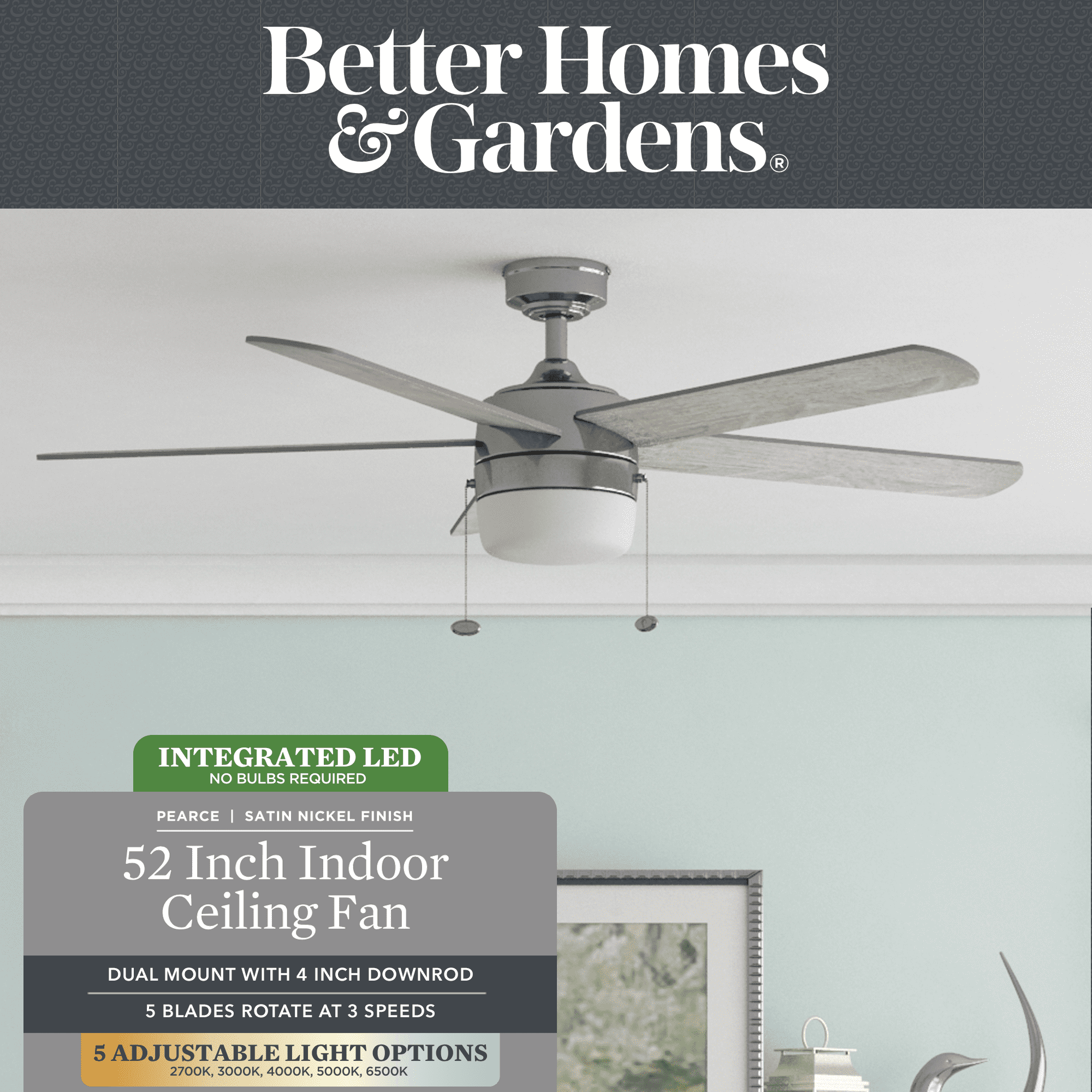 Better Homes & Gardens 52" Pearce Modern Nickel Indoor Ceiling Fan with Light, Adjustable Color Temperature & Reverse Airflow