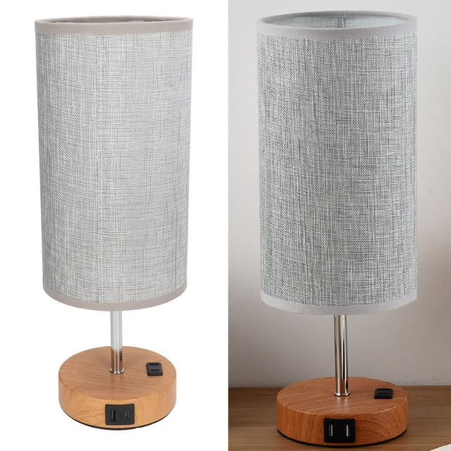 Lámpara de mesa con control táctil, metal y tela, carga USB, lámpara de mesita de noche LED de tres engranajes con base de grano de madera para dormitorio, oficina, enchufe estadounidense, 110 V, gris