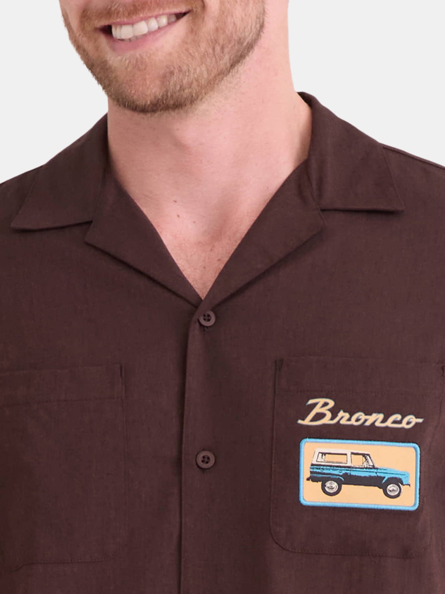 Ford Bronco Men's and Big Men's Front and Back Graphic Button Up Workwear Style Mechanics Shirt with Short Sleeves, Sizes S-3XL