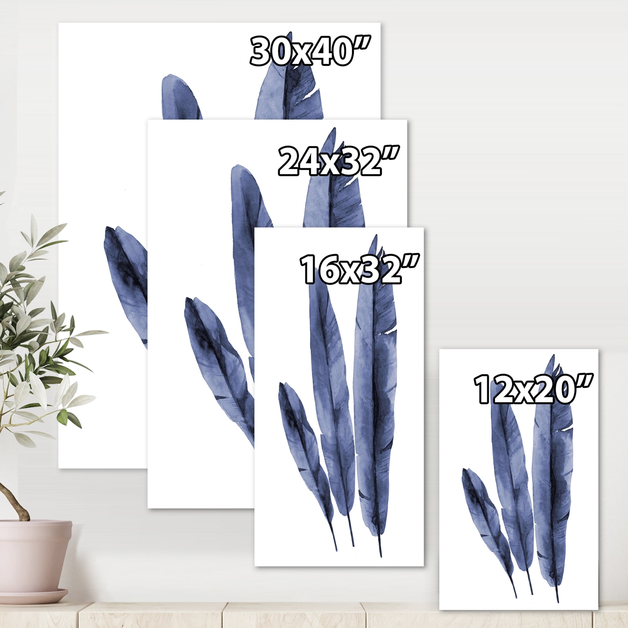 Designart ' Navy Blue Tropical Banana Leaves On White ' Tropical Canvas Wall Art Print