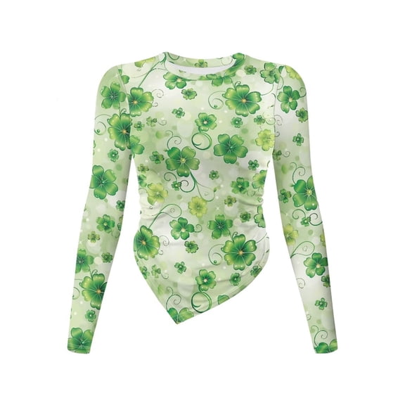 Xoenoiee Green Shamrock Pattern Women Long Sleeve Top Irregular Hem Crewneck Shirt St. Patrick's Day Going Out Tops Y2k Clothes Fall Winter Outfits Plus Size, Size S