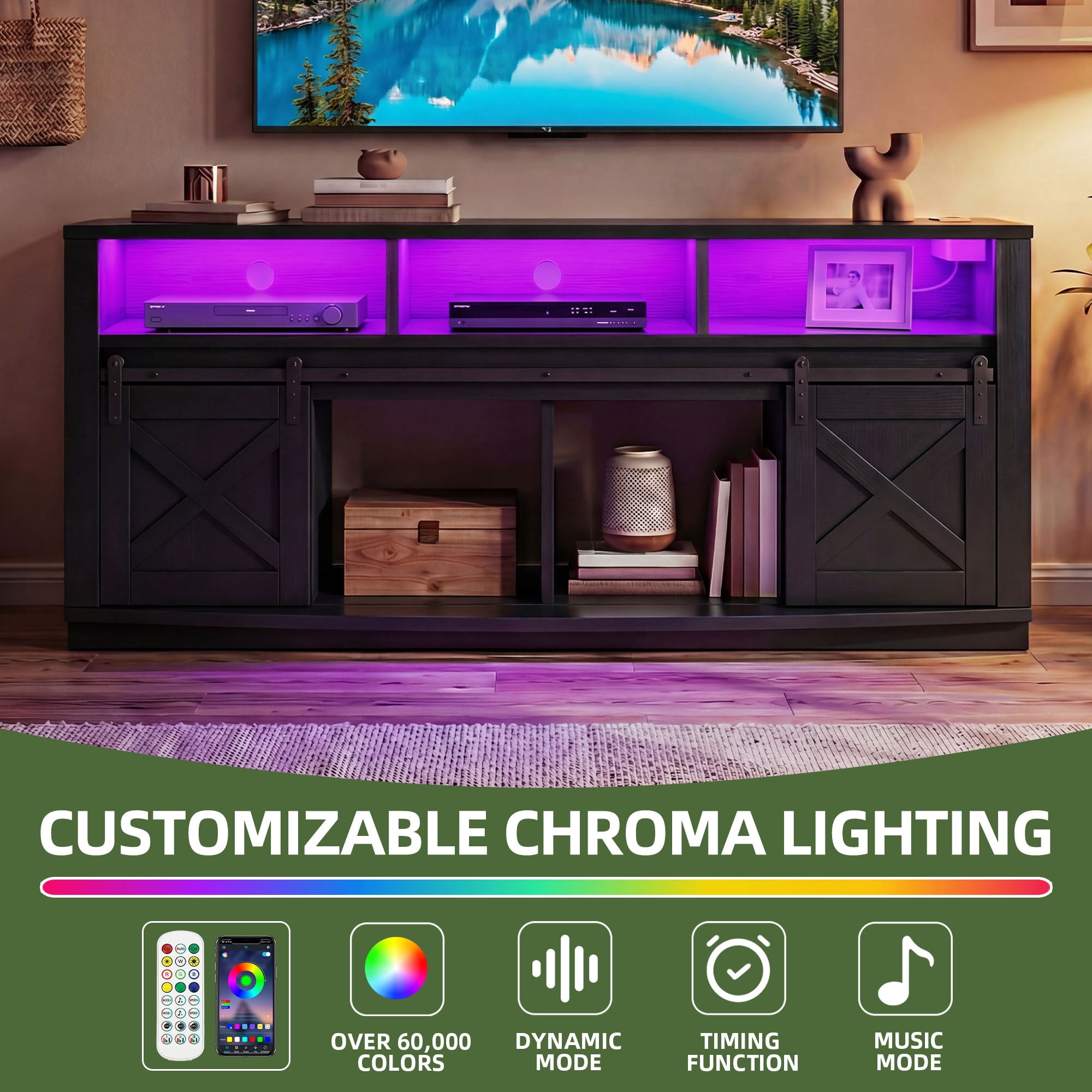 Uforic 70" TV Stand with Power Outlet & LED Lights, Curved Desktop Entertainment Center for 80" TVs, Black