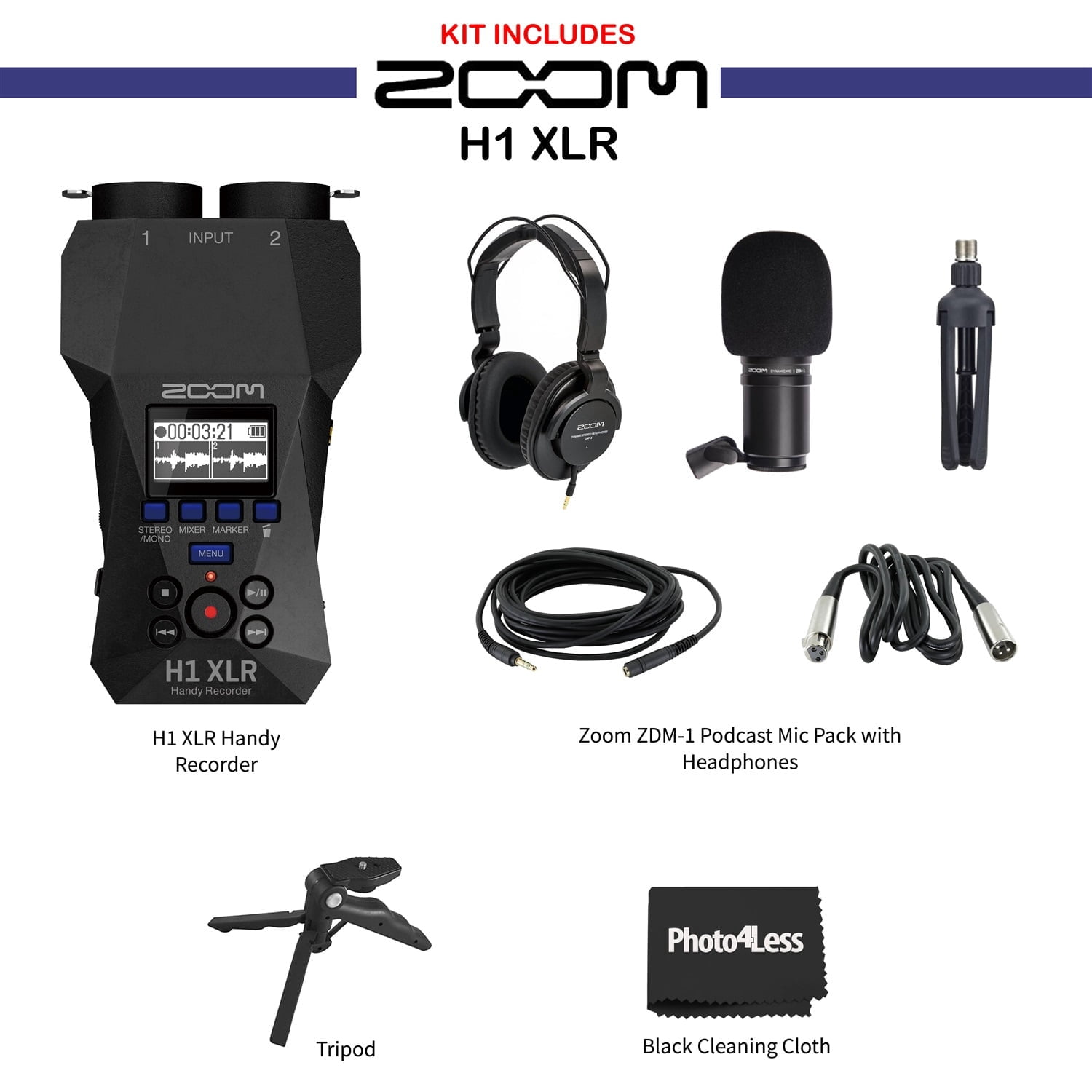 Zoom H1 XLR Handy Recorder, Bundle with Zoom ZDM-1 Podcast Mic Pack with Headphones, Windscreen, XLR Cable and Tabletop Stand, Table Tripod Hand Grip