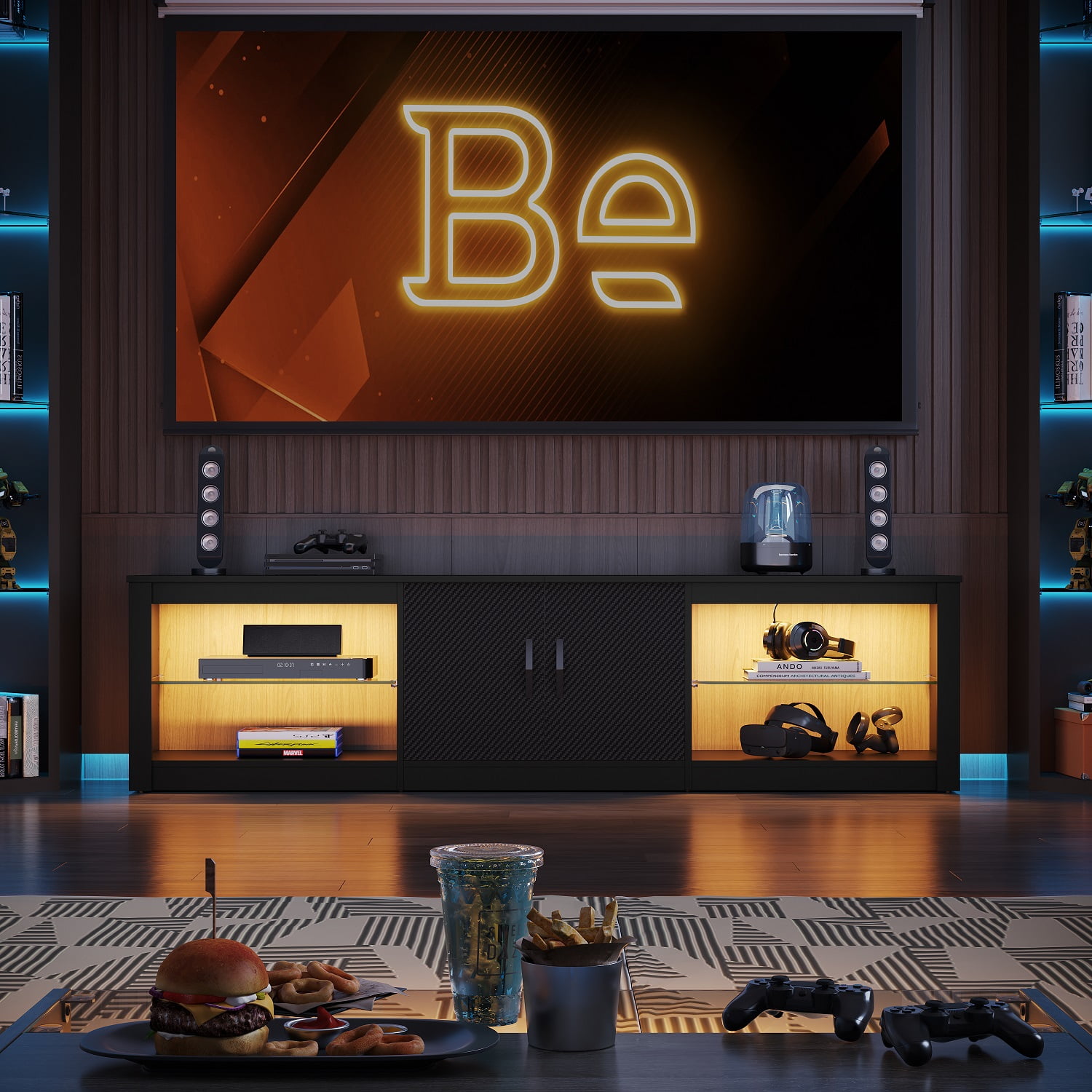 Bestier TV Stand for TVs up to 75" with Storage Cabinet, Entertainment Center for TVs with LED Light for Living Room, Carbon Fiber