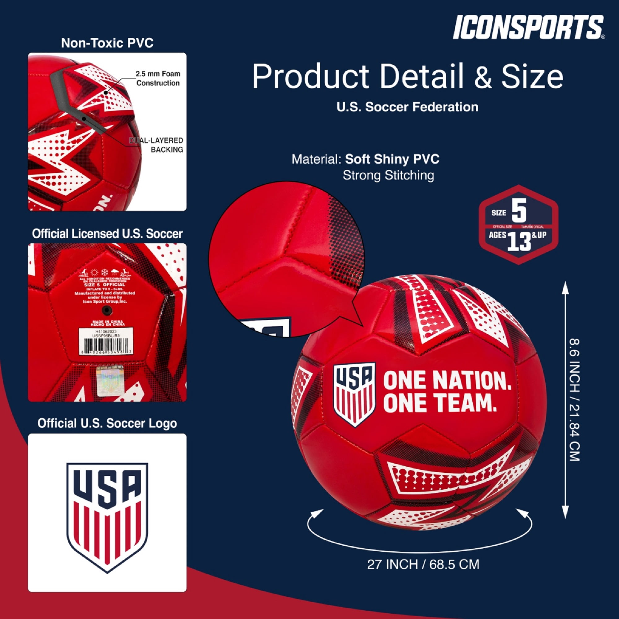 Icon Sports U.S. Soccer Pop Art Design Soccer Ball Size 5 [Red]