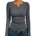 thumbnail image 2 of GEWSEY Women's 2025 Summer Fall Long Sleeve Henley T Shirts Button Ribbed Knit Slim Fit Casual Basic Tops Blouse (Dark Gray, L), 2 of 5